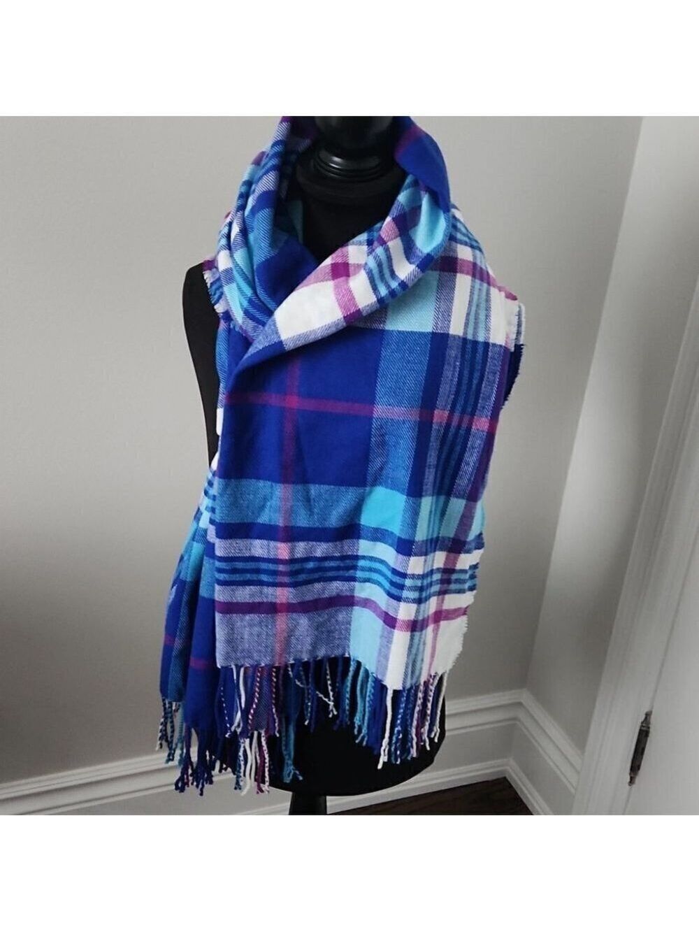 J.CREW | Plaid Classic Fringe Shawl Scarf Wrap Tartan Blue